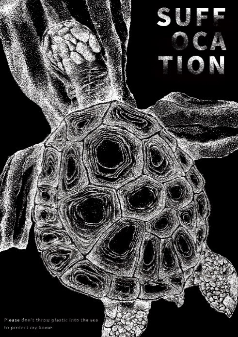 「Suffocation」(窒息)以海龜在塑膠袋中掙扎窒息，獲創作海報類優異獎