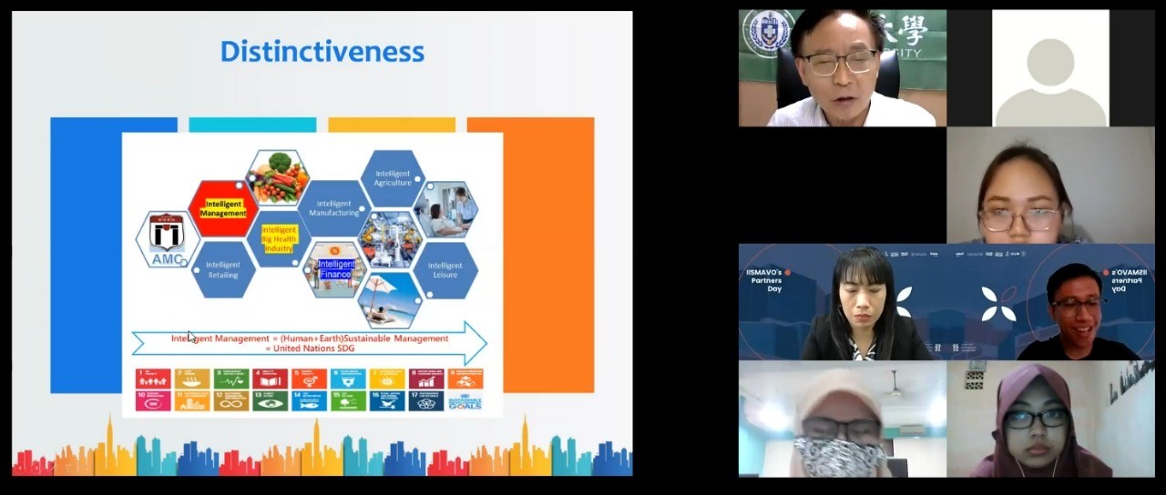 亚大国际学院院长陈英辉(右上)介绍亚大推动联合国永续发展SDGs的情况