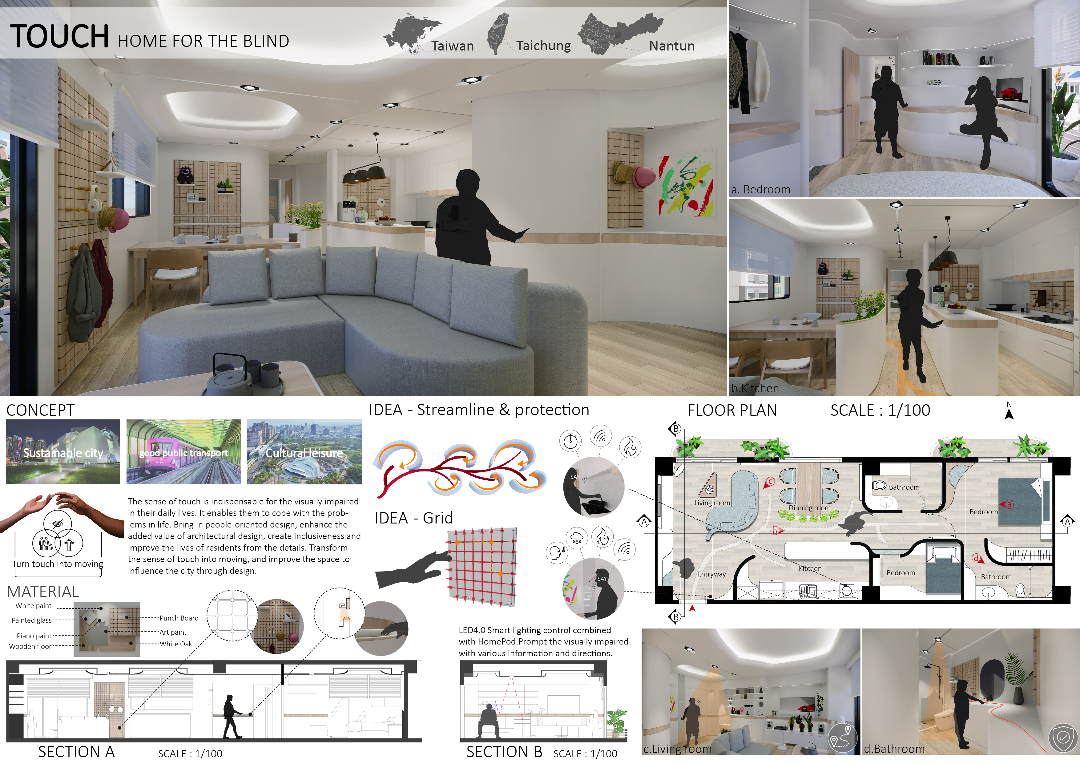 图为邱绍轩、徐伟云同学的「TOUCH-HOME FOR THE BLIND」作品，同时获「2022美国建筑大师奖」(AMP)的「室内设计公寓类」优胜奖、「室内设计房屋室内类」优胜奖2座大奖。