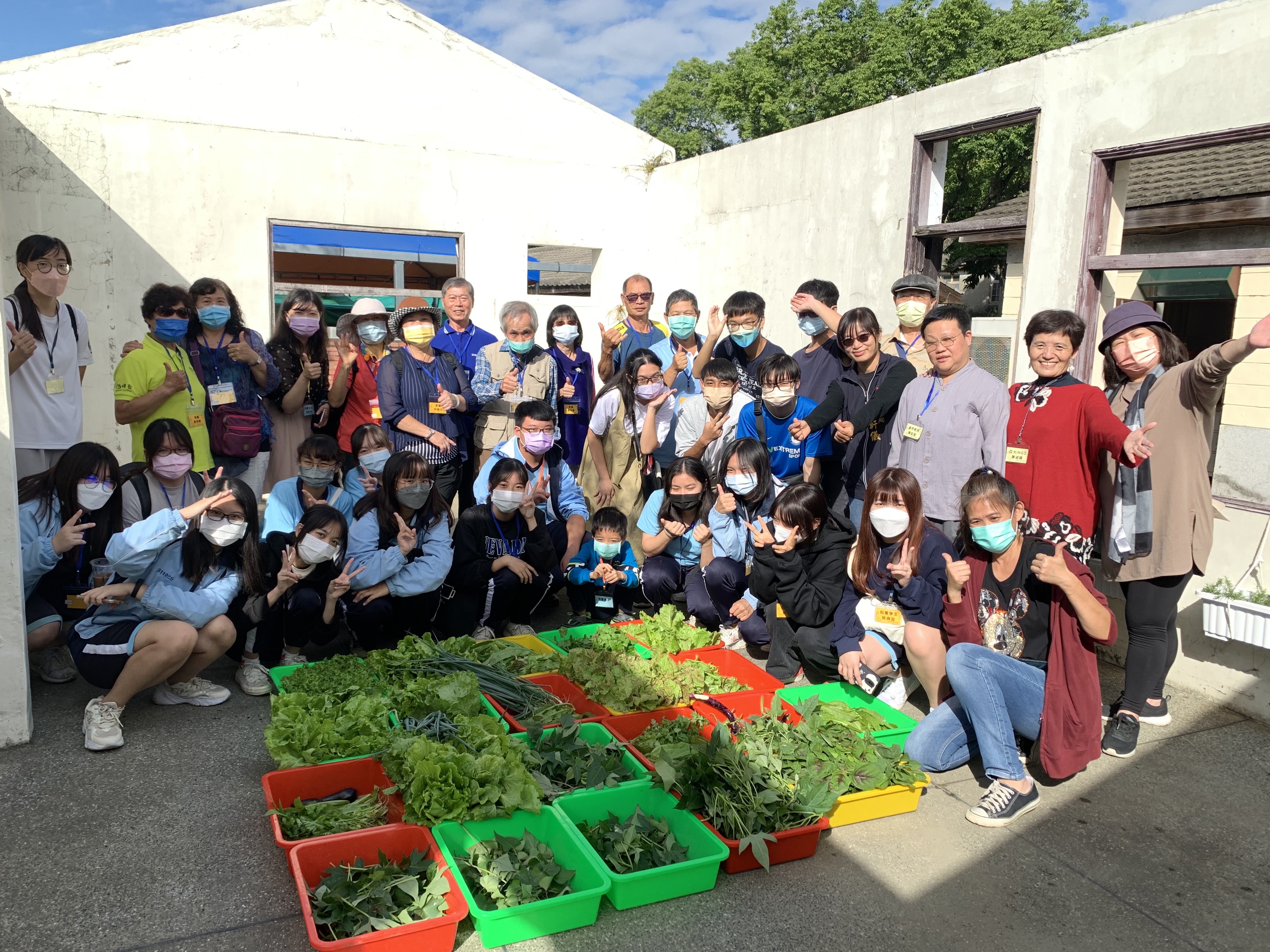圖為在「綠健康，我最棒：銀向新世代」成果展中，學員秀出自己栽種的菜採收，一起慶豐收。