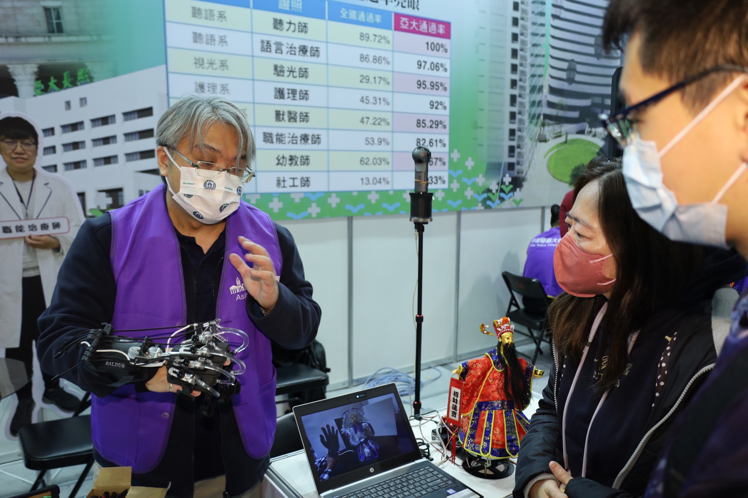 亞大應用物聯網技術,再現於機器手臂,能Al隔空操作布袋戲,宛如真人操控。職治系主任林鋐宇 ,現場解說如何教學使用。
