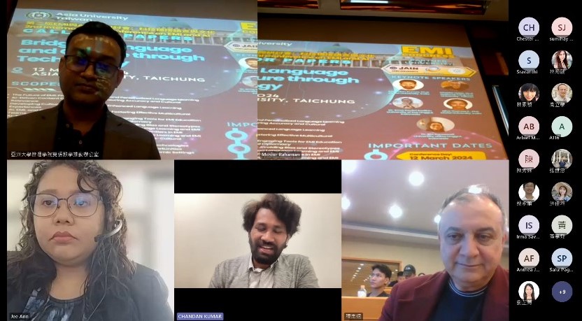 圖為美國芝加哥伊利諾大學講師Chandan Kumar博士 (下排中)，線上專題分享探索人工智慧融入語言教育的前景。