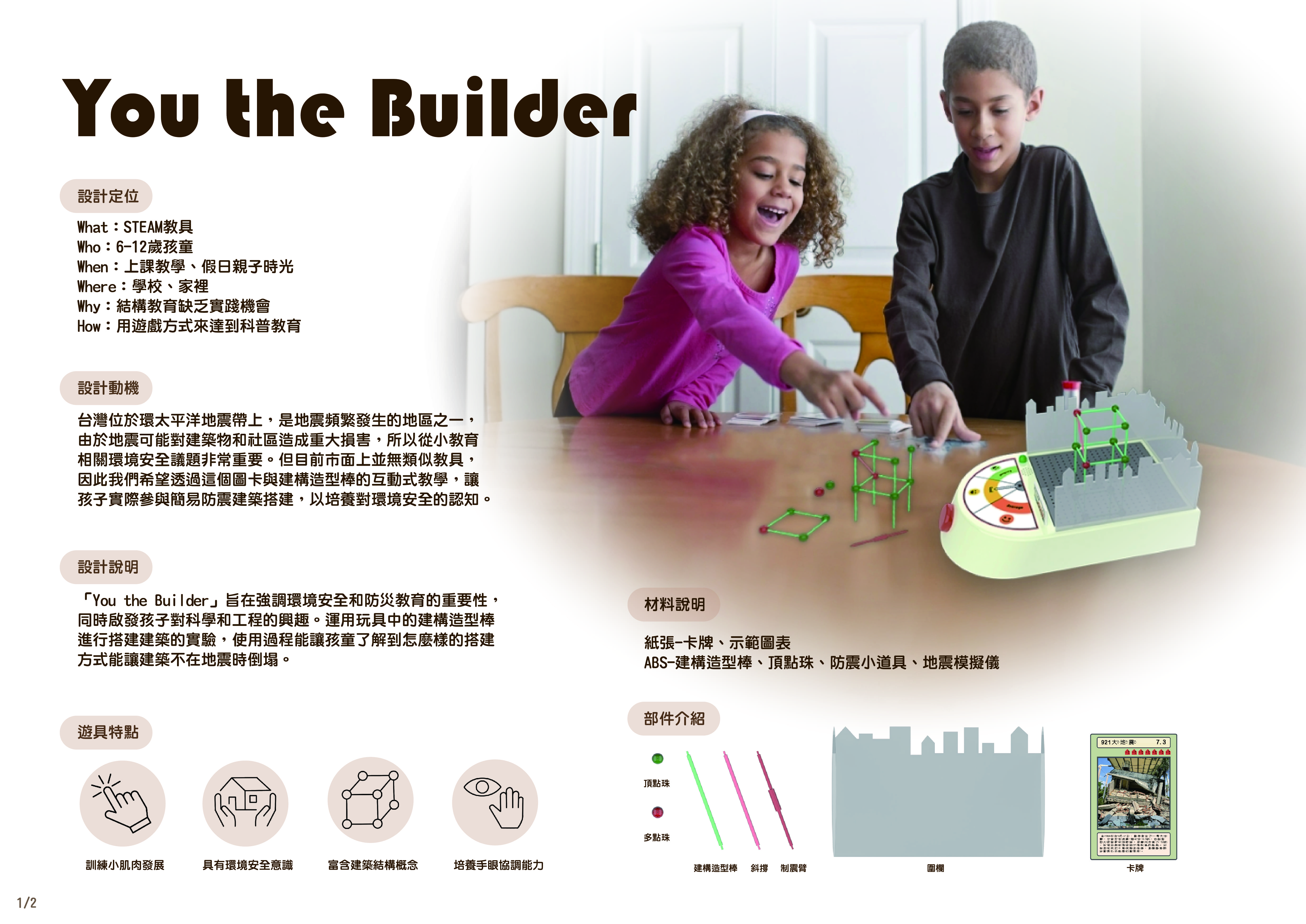 图为亚大商品系周侑萱、翁菀妤同学的「地震模拟建构棒 」作品，获「2024奇想设计大赛」佳作奖。