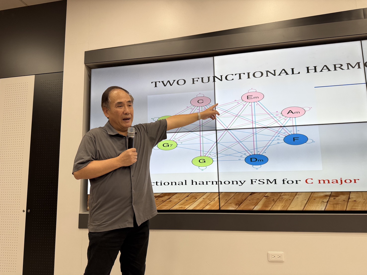 中央大學資工系資深教授施國琛,分享亞洲音樂生成的深度學習應用)研究成果。