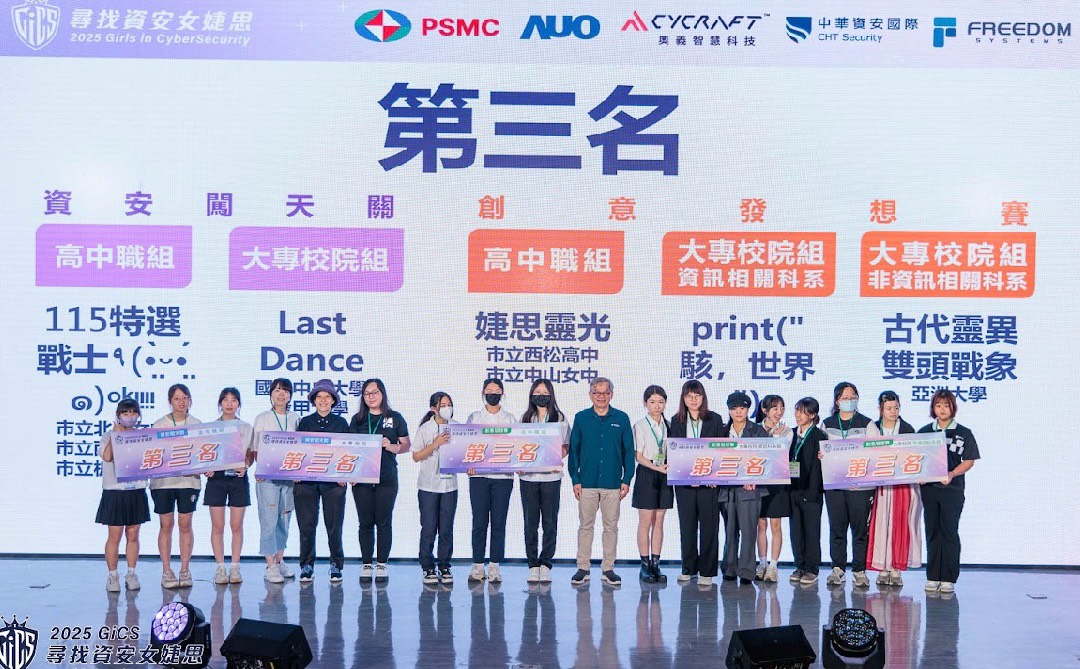 (右1到右3)亞大財金系陳美妃、周宥均與職治系曾俞晴3位同學,上台領取「2025年資安女婕思」競賽非資訊組第3名獎。