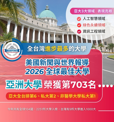 亞洲大學榮獲美國新聞與世界報導「2026全球最佳大學」第703名 亞洲大學榮獲美國新聞與世界報導「2026全球最佳大學」第703名