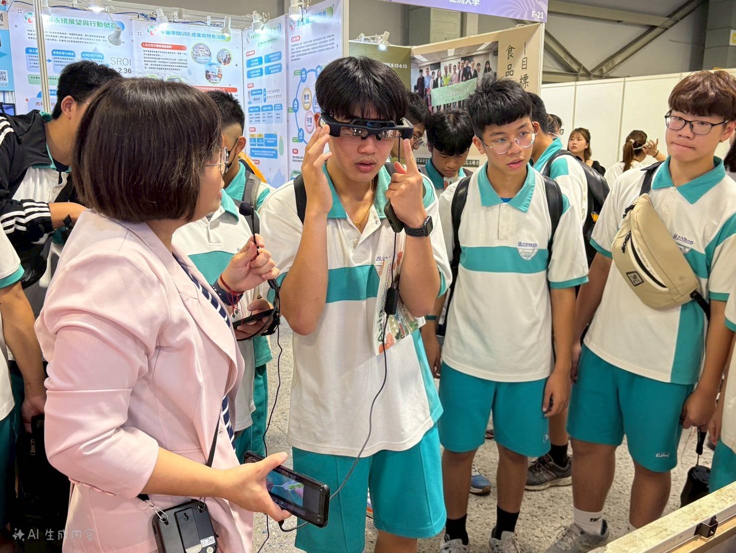 宜蘭頭城家商學生,到亞大護理學院USR計畫攤位,體驗擴增實境AR眼鏡。