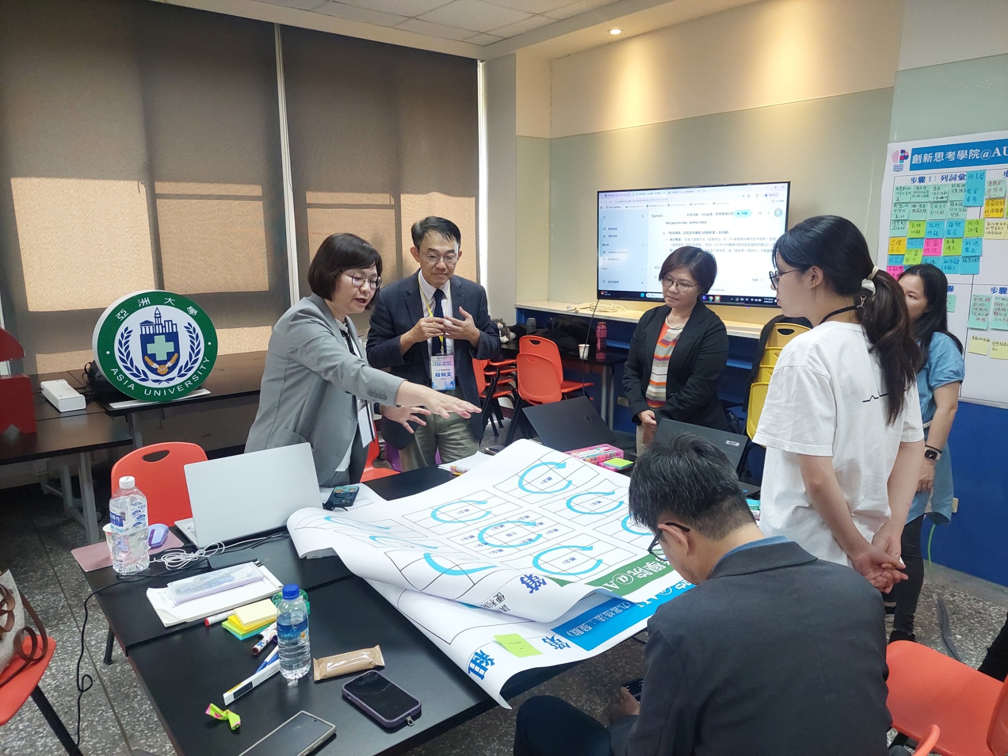 工作坊師生採AI人機協作模式進入收斂階段之設計思考地圖,運用AI模擬長輩人物誌,深度洞察場域長輩需求並共創具人文關懷的護智處方。